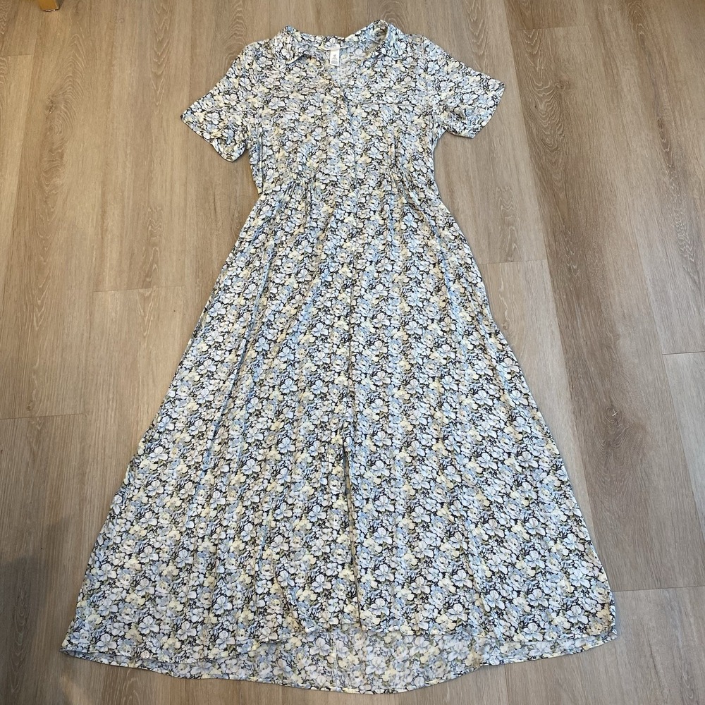 H&M Women's Size S Floral Print Maxi Dress Tie-Belt Cottagecore Shirtdress Blue